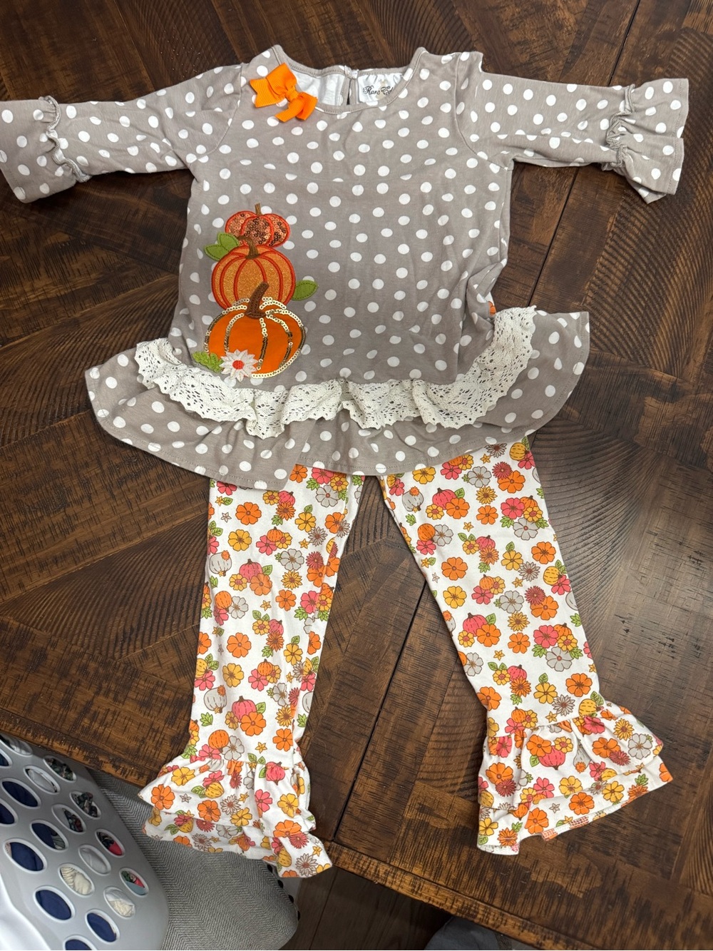 Rare Editions Gray Polka Dot Pumpkin Outfit with Orange Accents